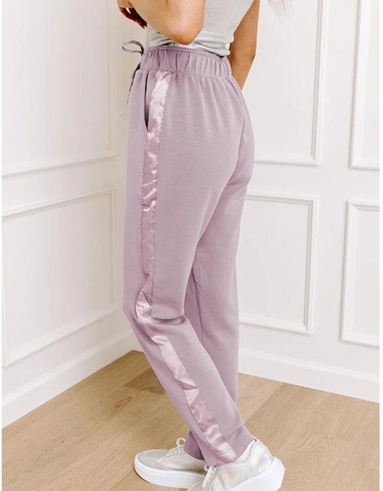 Orchid Petal Drawstring Waist Satin Stripe Patch Straight Leg High Waist Pants