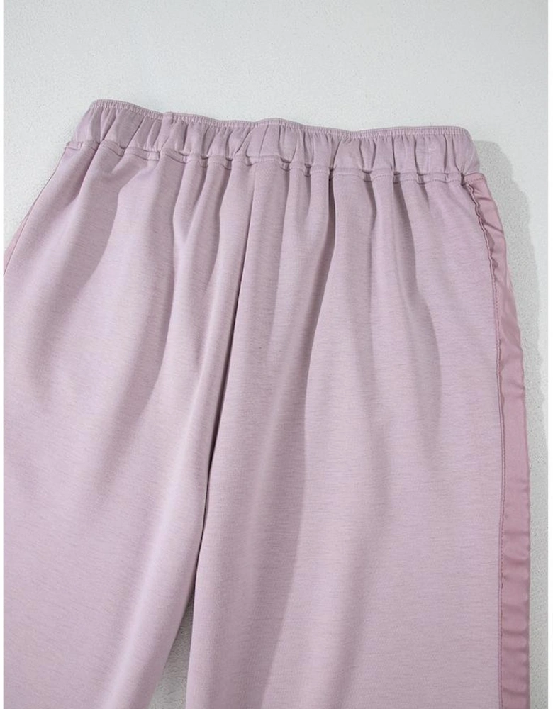 Orchid Petal Drawstring Waist Satin Stripe Patch Straight Leg High Waist Pants