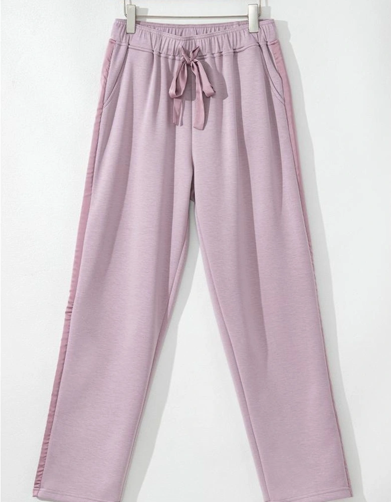 Orchid Petal Drawstring Waist Satin Stripe Patch Straight Leg High Waist Pants