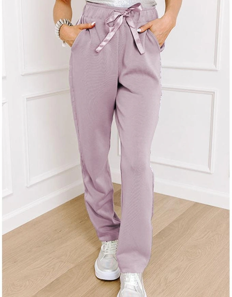 Orchid Petal Drawstring Waist Satin Stripe Patch Straight Leg High Waist Pants