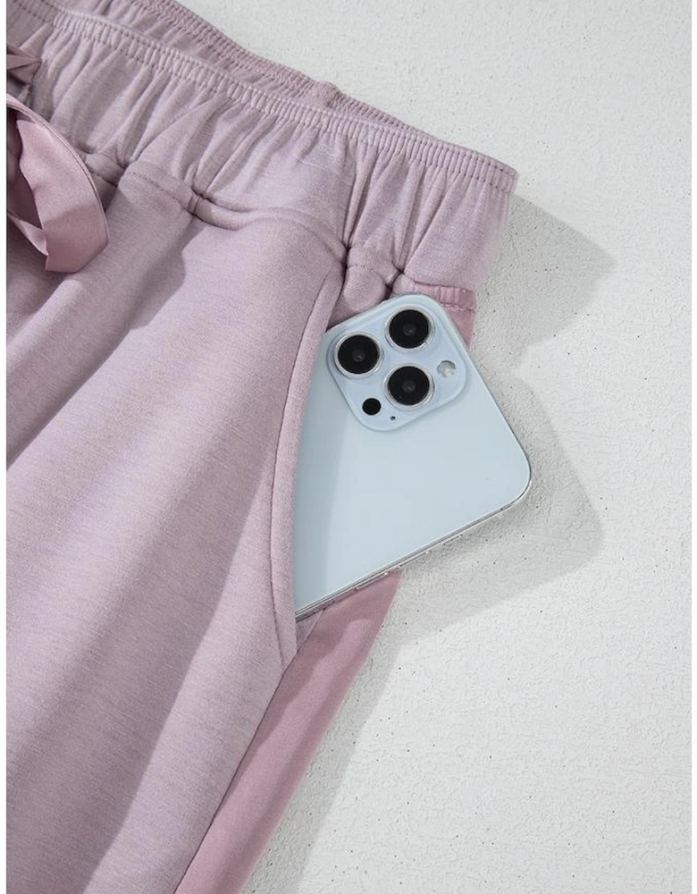 Orchid Petal Drawstring Waist Satin Stripe Patch Straight Leg High Waist Pants