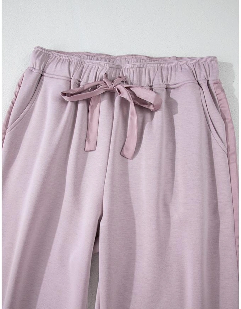 Orchid Petal Drawstring Waist Satin Stripe Patch Straight Leg High Waist Pants