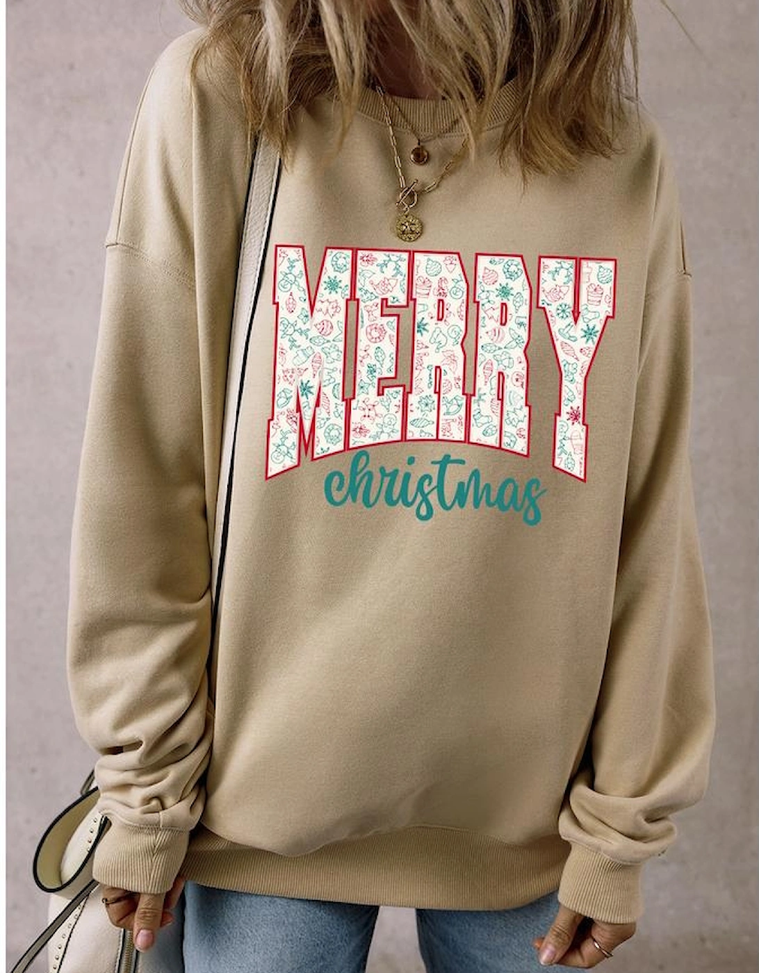 Parchment Festive Element Printed MERRY Christmas Graphic Sweatshirt