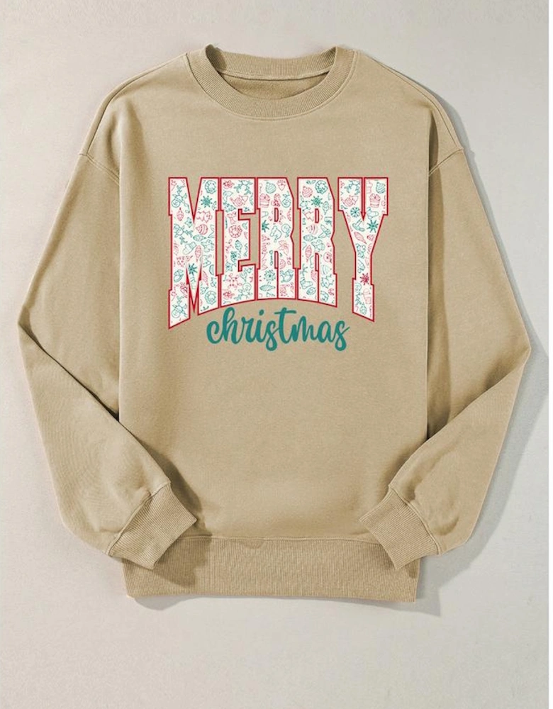 Parchment Festive Element Printed MERRY Christmas Graphic Sweatshirt