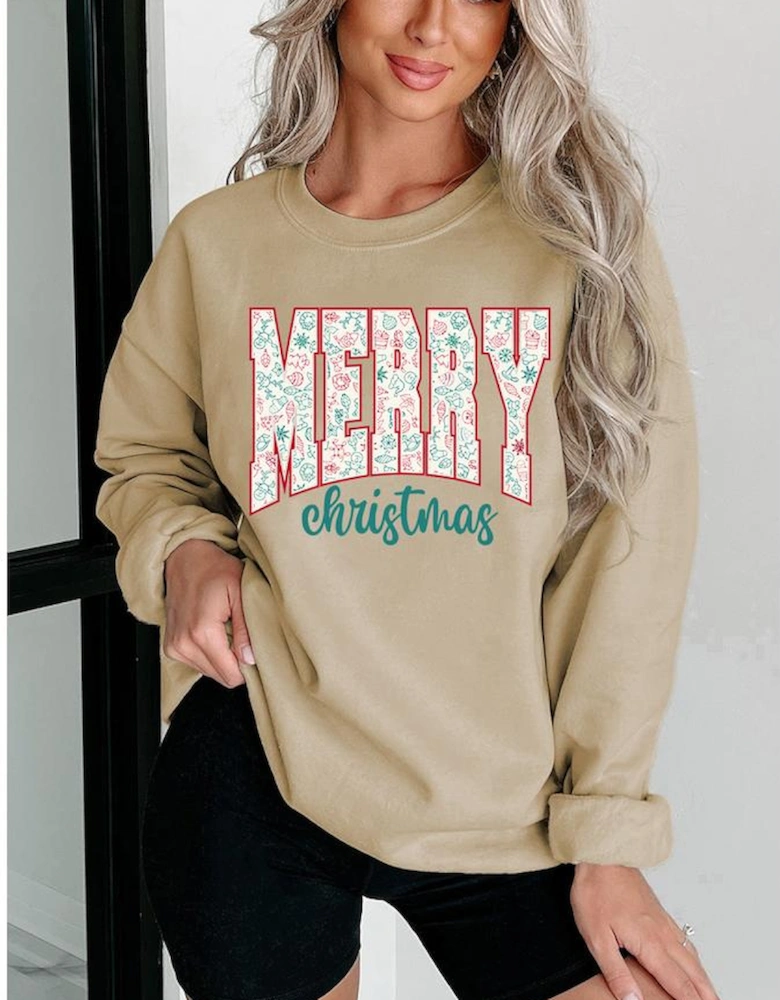 Parchment Festive Element Printed MERRY Christmas Graphic Sweatshirt