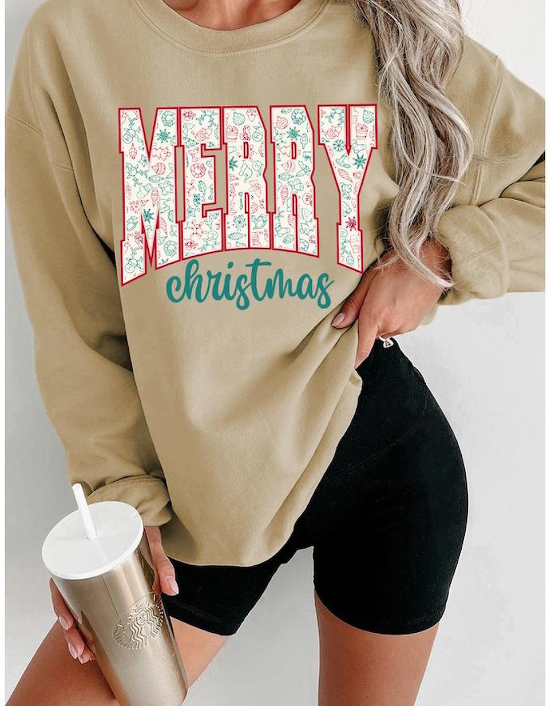 Parchment Festive Element Printed MERRY Christmas Graphic Sweatshirt