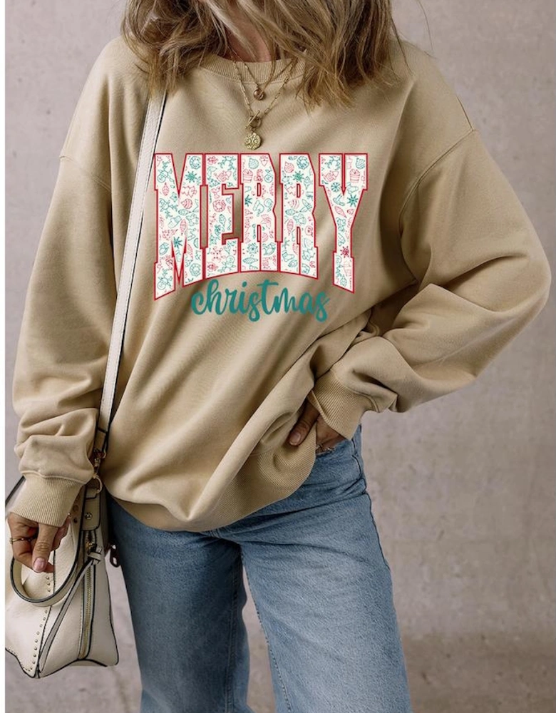 Parchment Festive Element Printed MERRY Christmas Graphic Sweatshirt