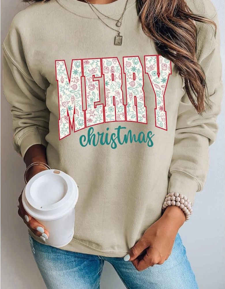 Parchment Festive Element Printed MERRY Christmas Graphic Sweatshirt