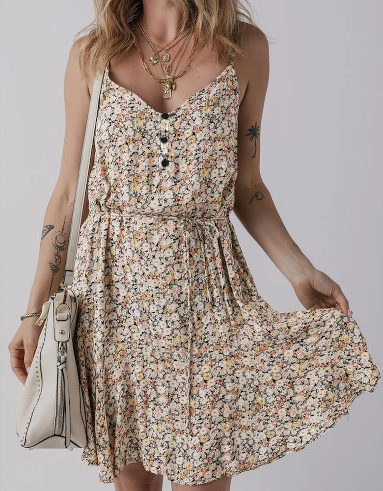 Khaki Boho Floral Printed Tie Waist Flared Sundress