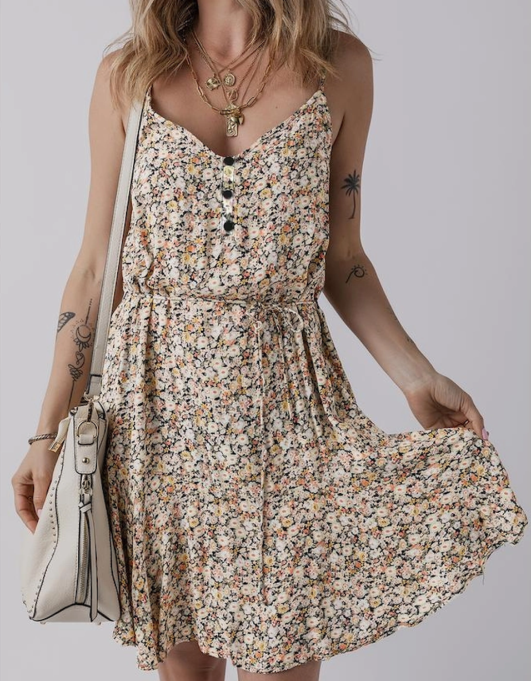 Khaki Boho Floral Printed Tie Waist Flared Sundress