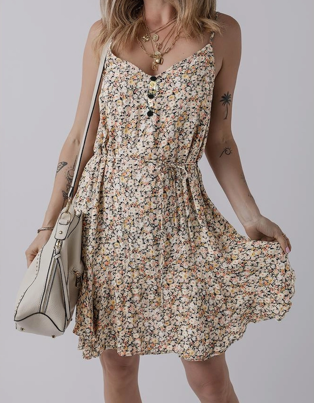 Khaki Boho Floral Printed Tie Waist Flared Sundress