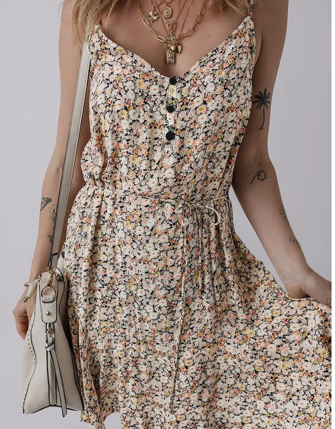 Khaki Boho Floral Printed Tie Waist Flared Sundress