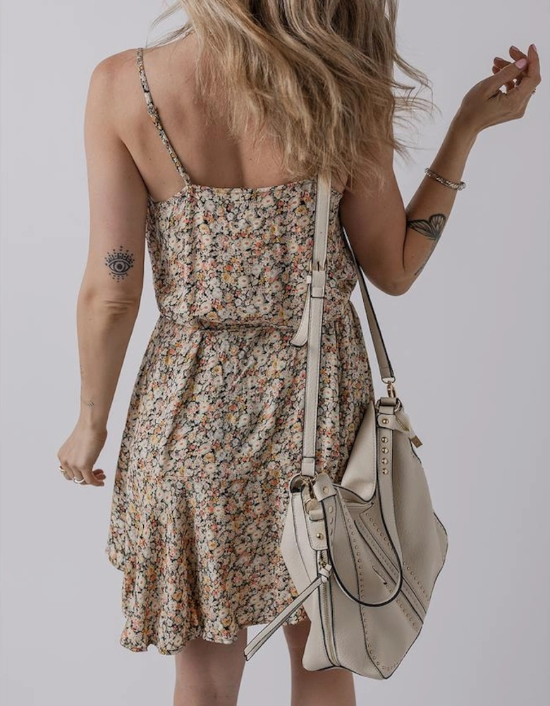 Khaki Boho Floral Printed Tie Waist Flared Sundress
