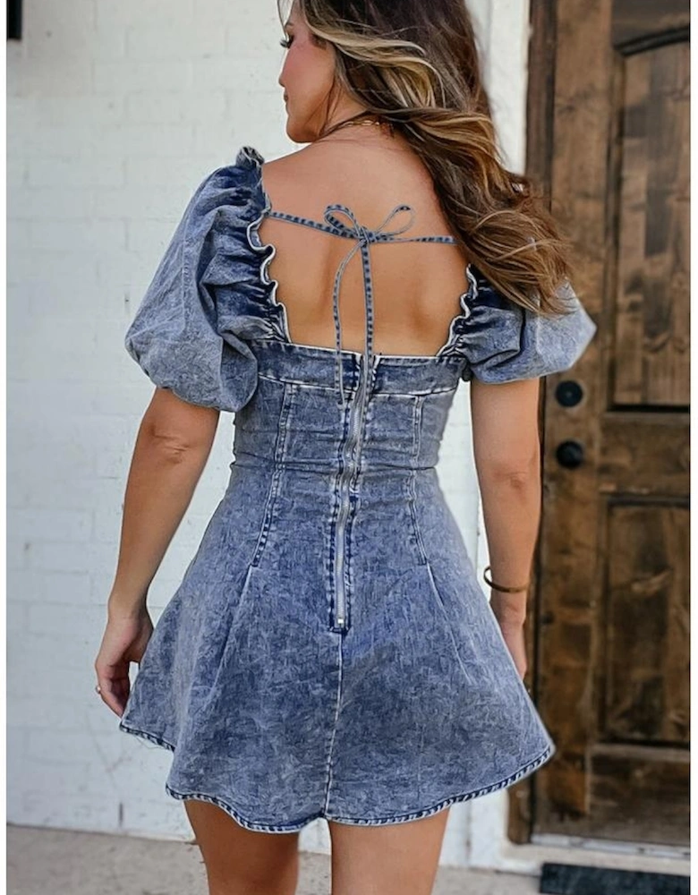Blue Frilly Square Neck Bustier Puff Sleeve Short Denim Dress
