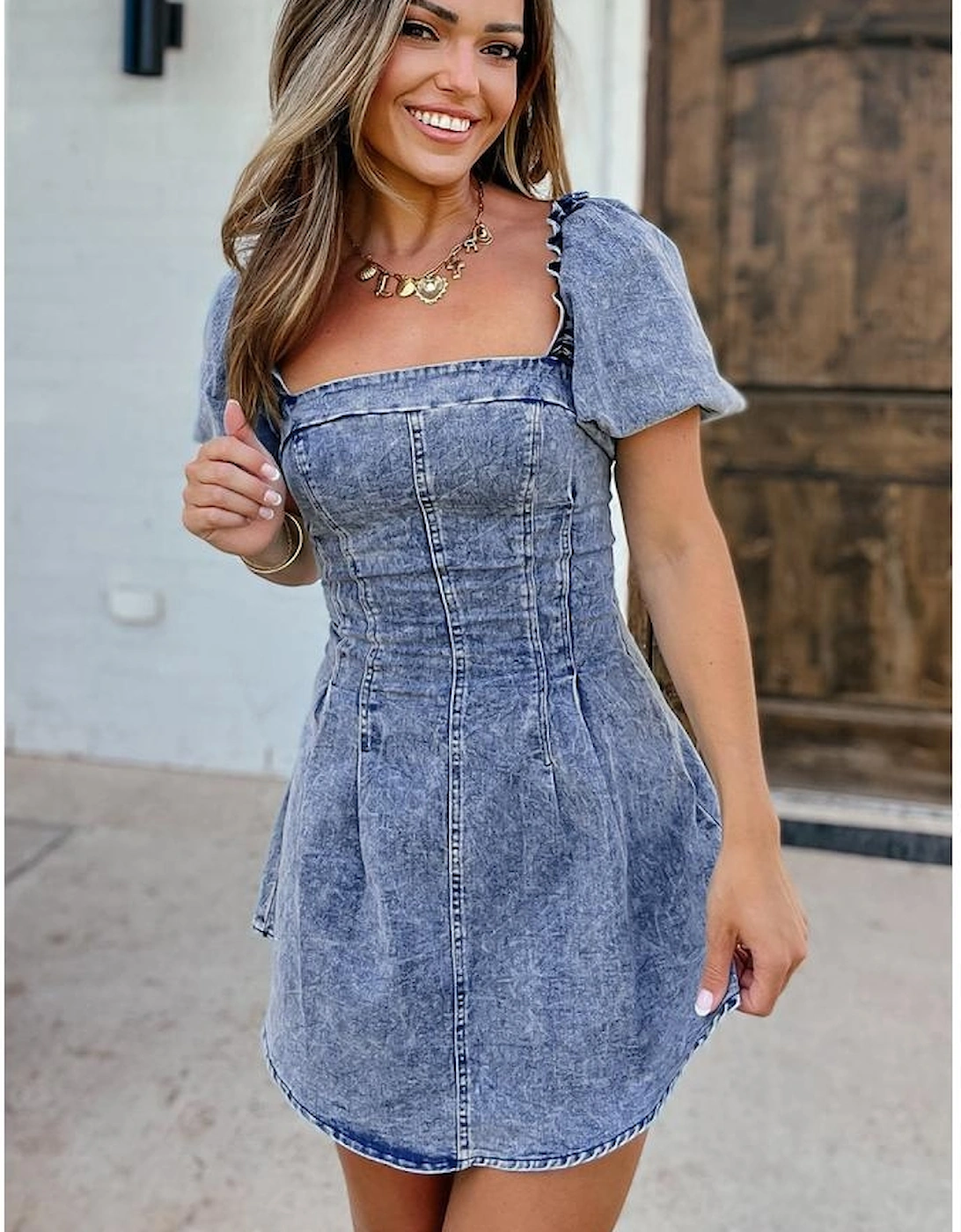 Blue Frilly Square Neck Bustier Puff Sleeve Short Denim Dress