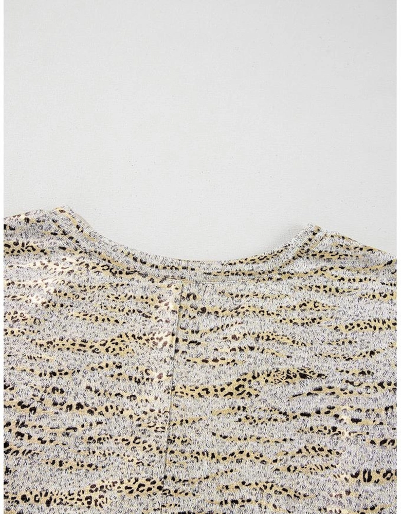 Gray Leopard Print Half Sleeve V Neck Loose Fit T Shirt