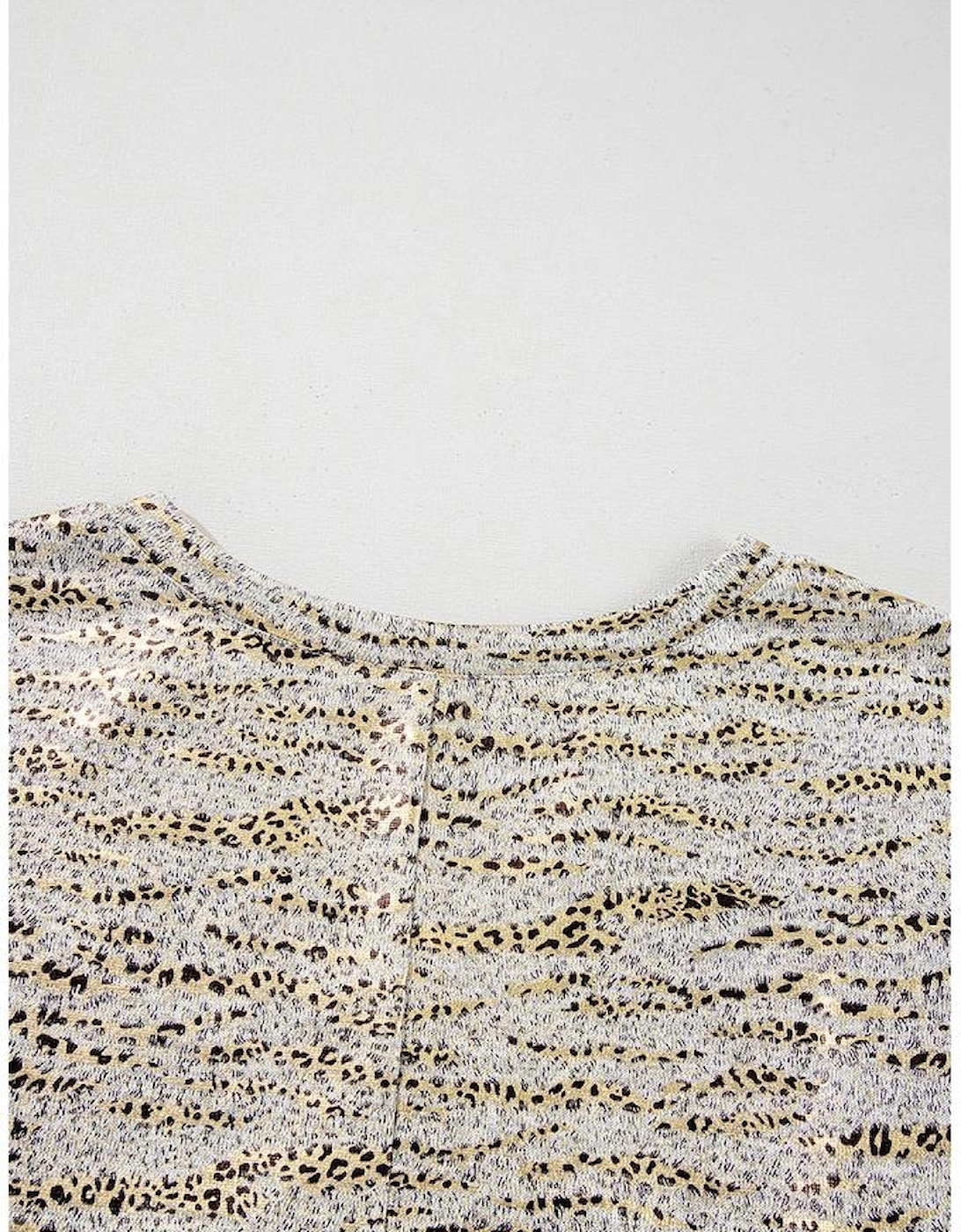 Gray Leopard Print Half Sleeve V Neck Loose Fit T Shirt