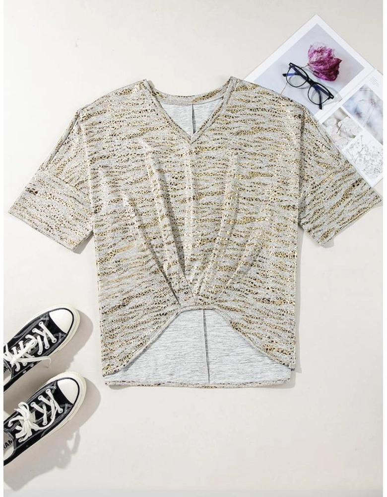 Gray Leopard Print Half Sleeve V Neck Loose Fit T Shirt