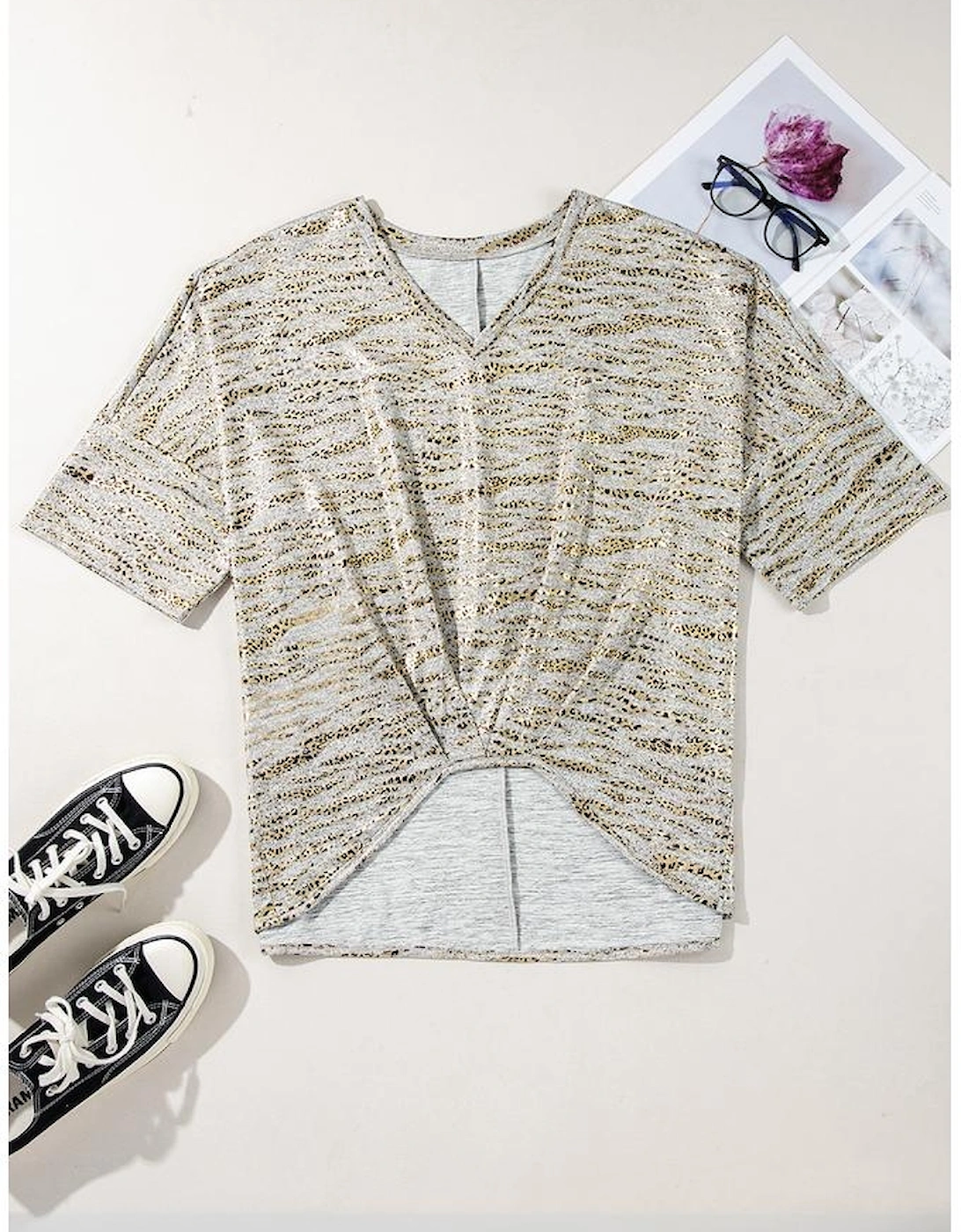 Gray Leopard Print Half Sleeve V Neck Loose Fit T Shirt