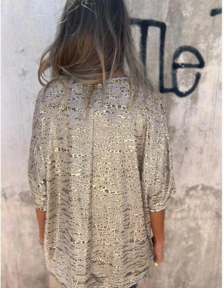 Gray Leopard Print Half Sleeve V Neck Loose Fit T Shirt