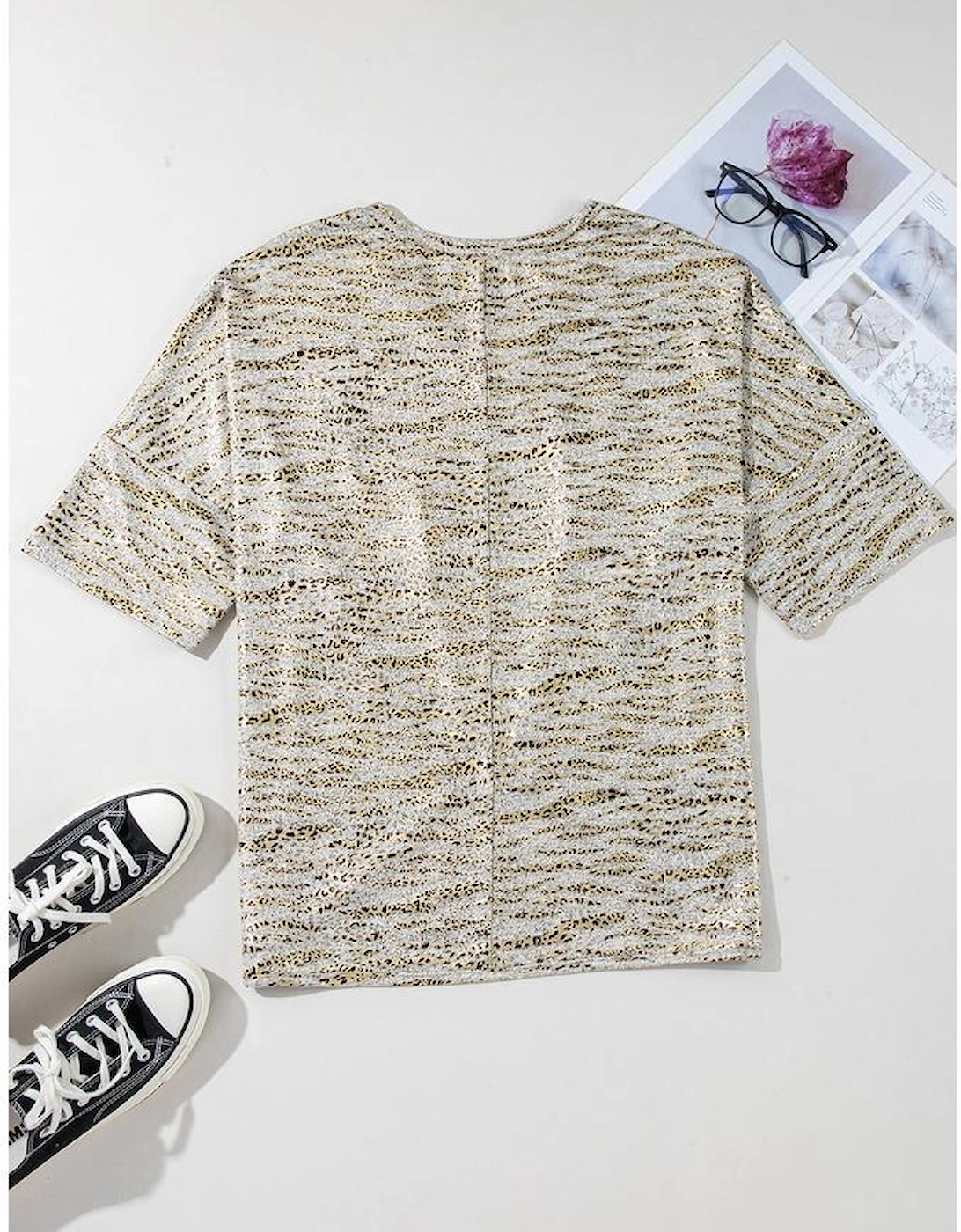 Gray Leopard Print Half Sleeve V Neck Loose Fit T Shirt