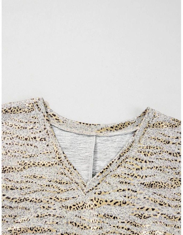 Gray Leopard Print Half Sleeve V Neck Loose Fit T Shirt