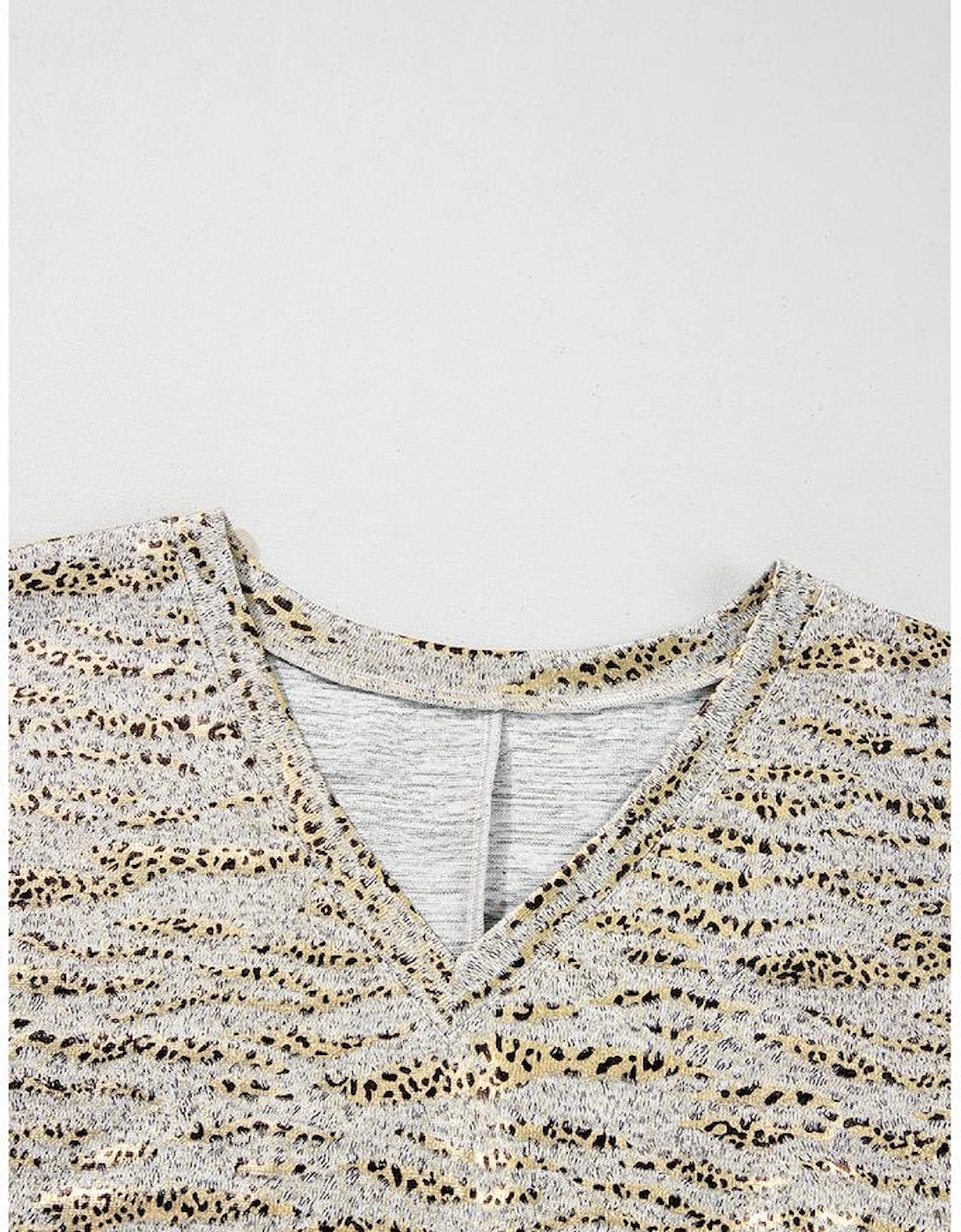 Gray Leopard Print Half Sleeve V Neck Loose Fit T Shirt