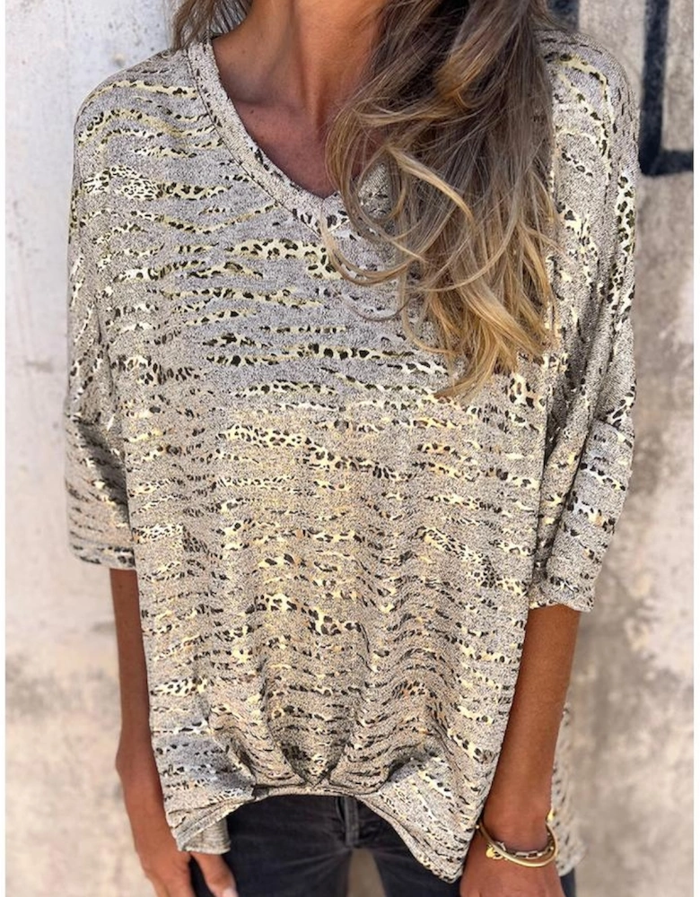 Gray Leopard Print Half Sleeve V Neck Loose Fit T Shirt