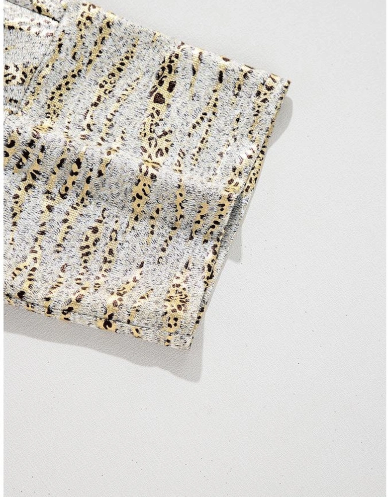 Gray Leopard Print Half Sleeve V Neck Loose Fit T Shirt