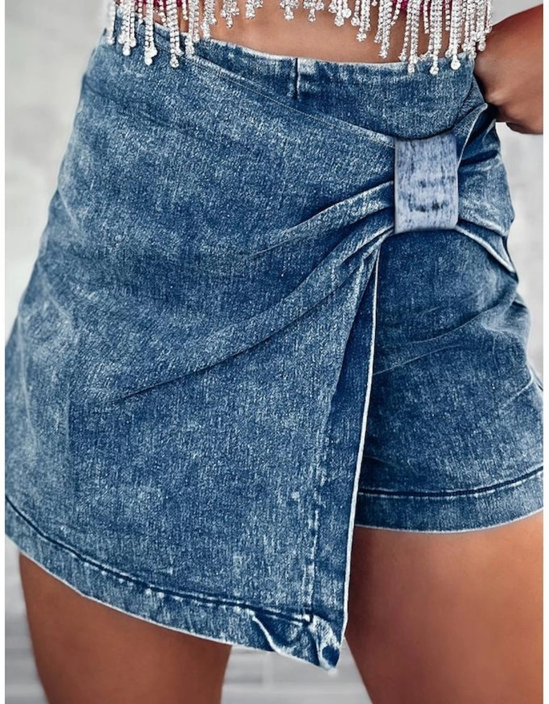 Sail Blue Acid Wash Asymmetric Twisted Wrapped Zipped Denim Skort
