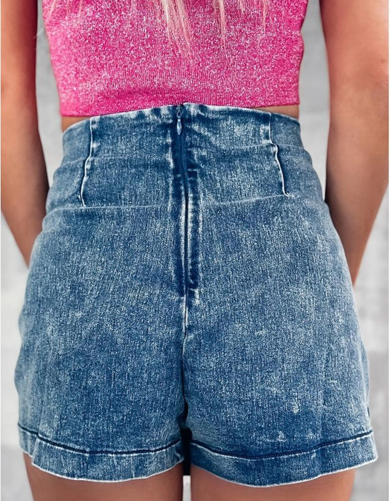Sail Blue Acid Wash Asymmetric Twisted Wrapped Zipped Denim Skort