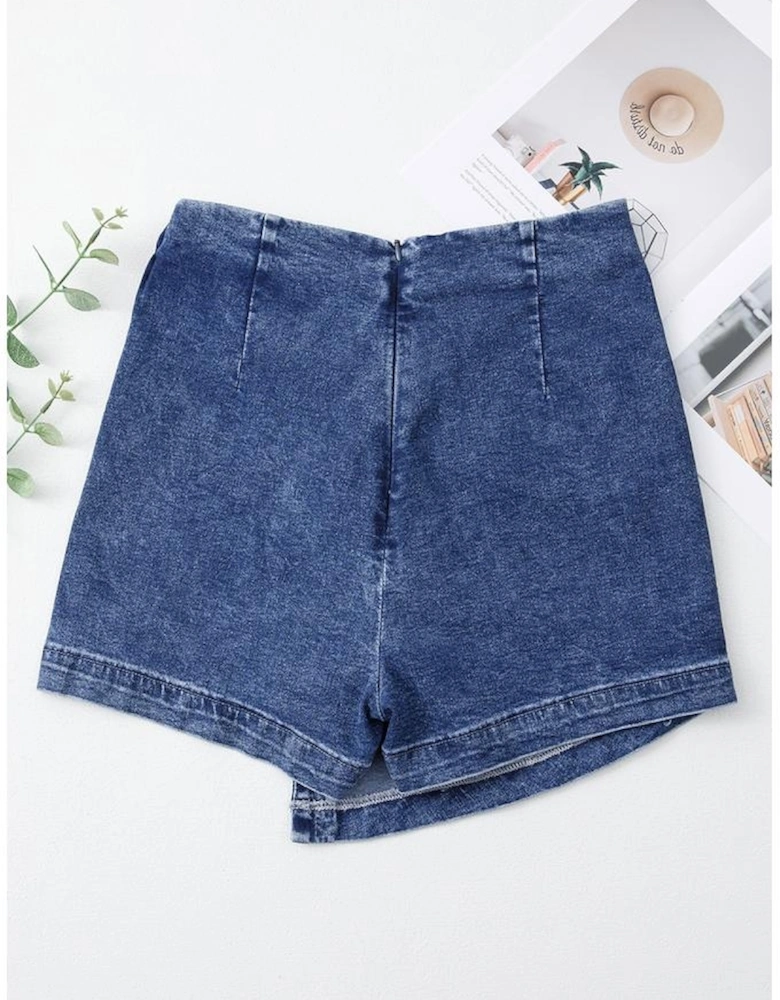 Sail Blue Acid Wash Asymmetric Twisted Wrapped Zipped Denim Skort