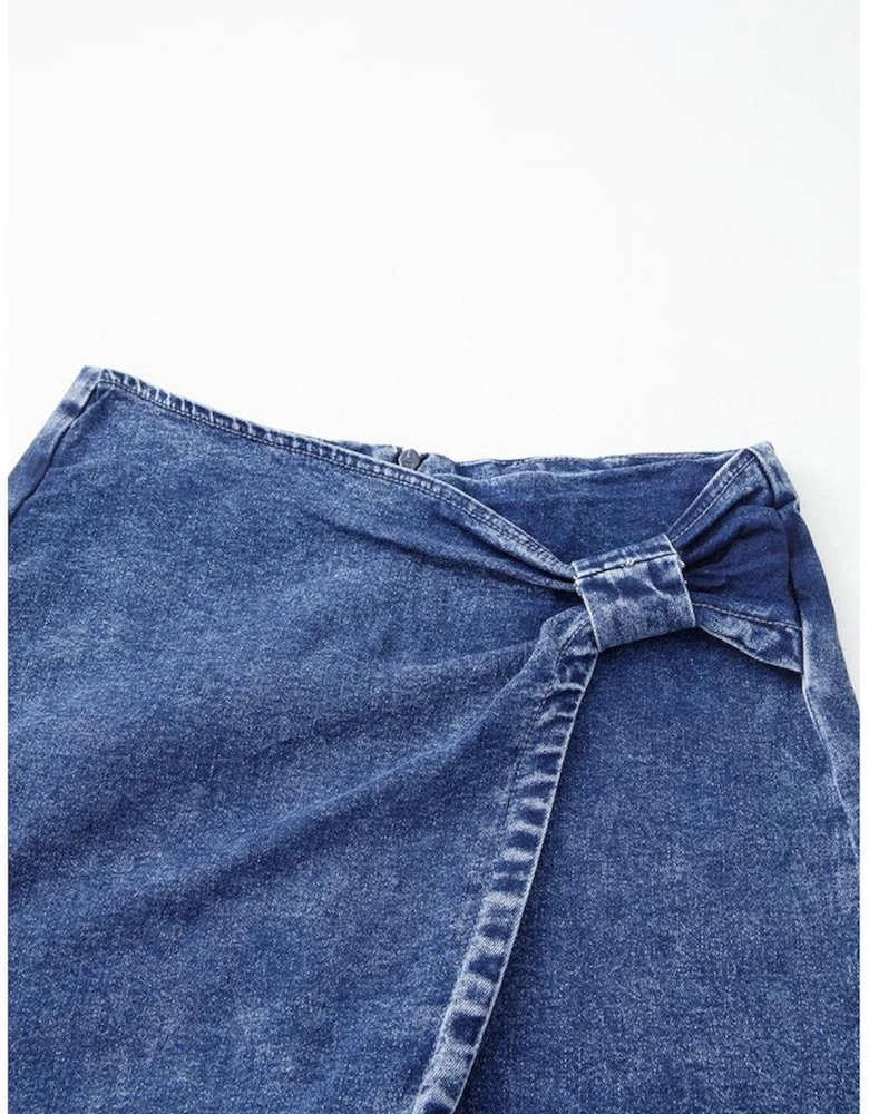 Sail Blue Acid Wash Asymmetric Twisted Wrapped Zipped Denim Skort