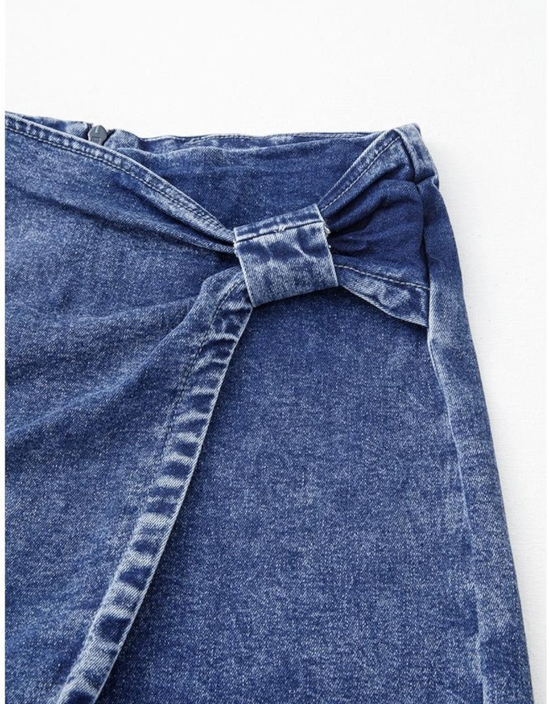Sail Blue Acid Wash Asymmetric Twisted Wrapped Zipped Denim Skort