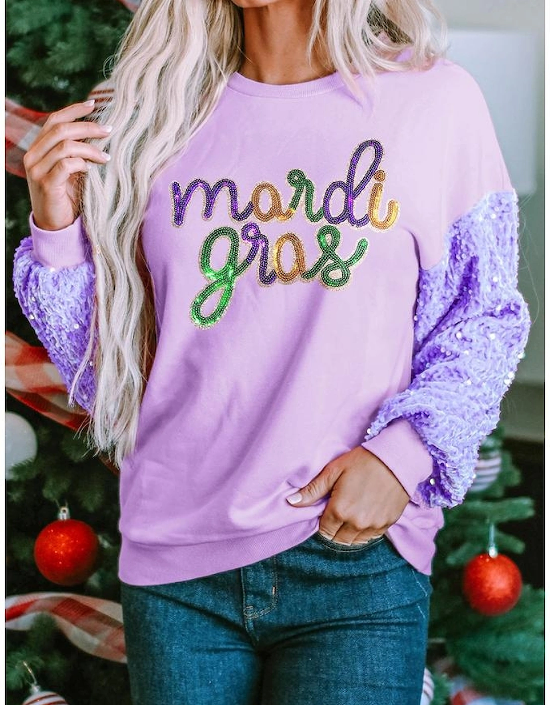 Orchid Petal mardi gras Graphic Sequin Patchwork Long Sleeve Top, 2 of 1