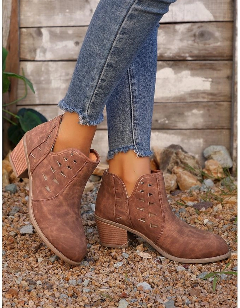 Red Sandalwood Cut Out Suede Pointed Toe Heeled Ankle Boots