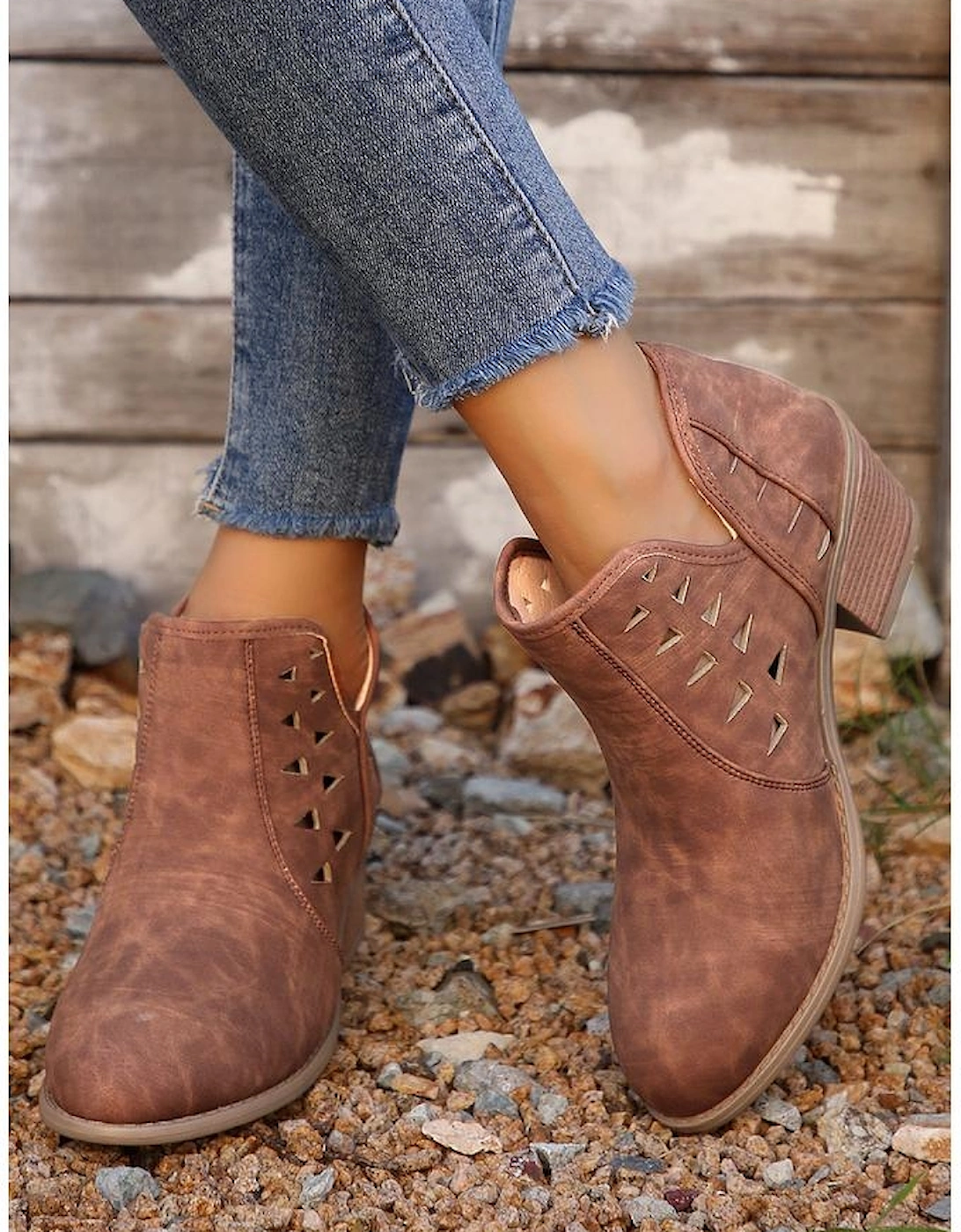 Red Sandalwood Cut Out Suede Pointed Toe Heeled Ankle Boots