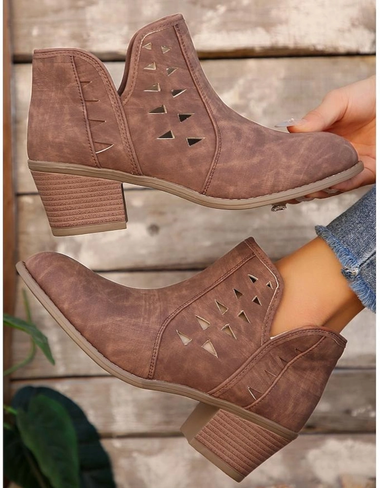 Red Sandalwood Cut Out Suede Pointed Toe Heeled Ankle Boots