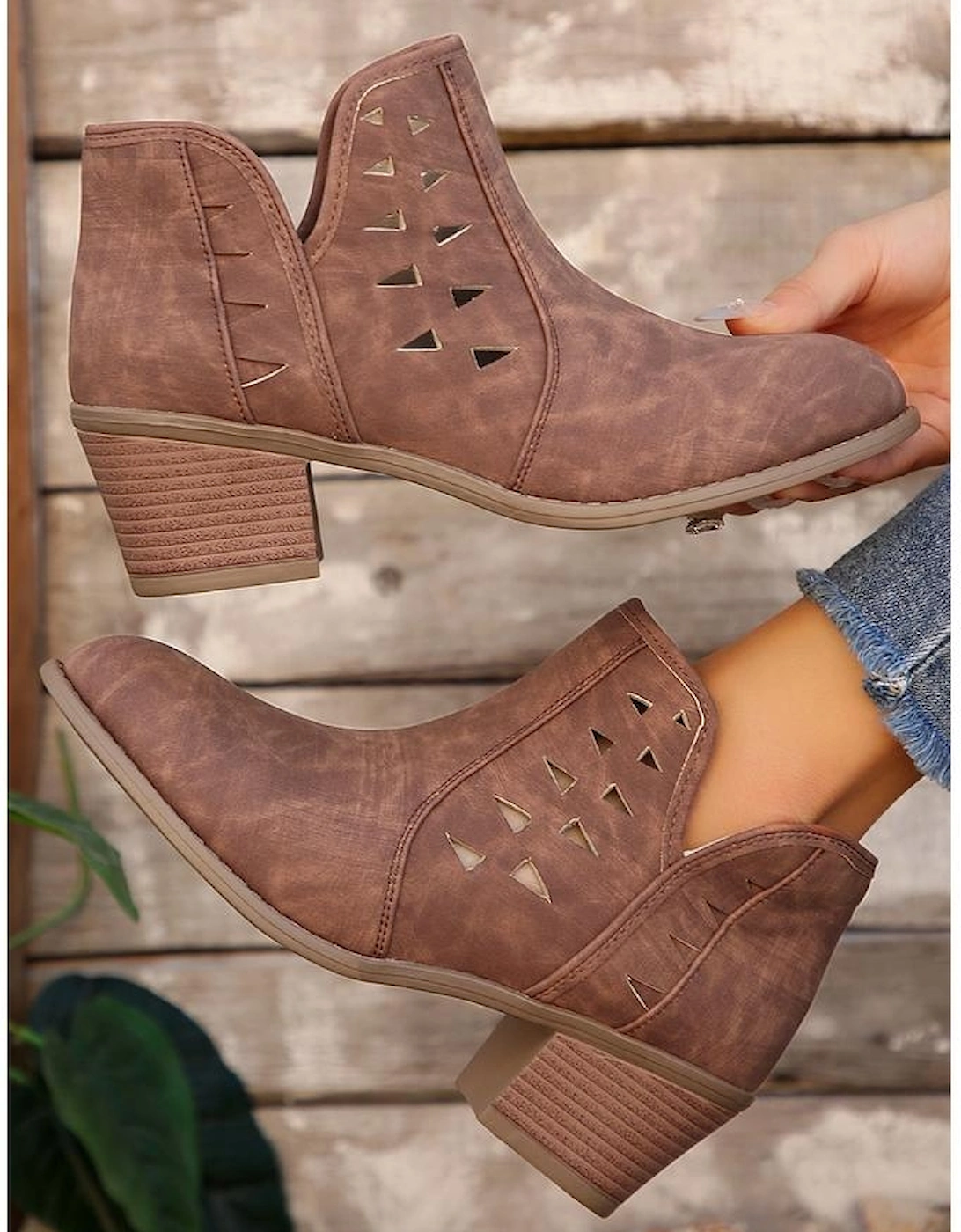 Red Sandalwood Cut Out Suede Pointed Toe Heeled Ankle Boots