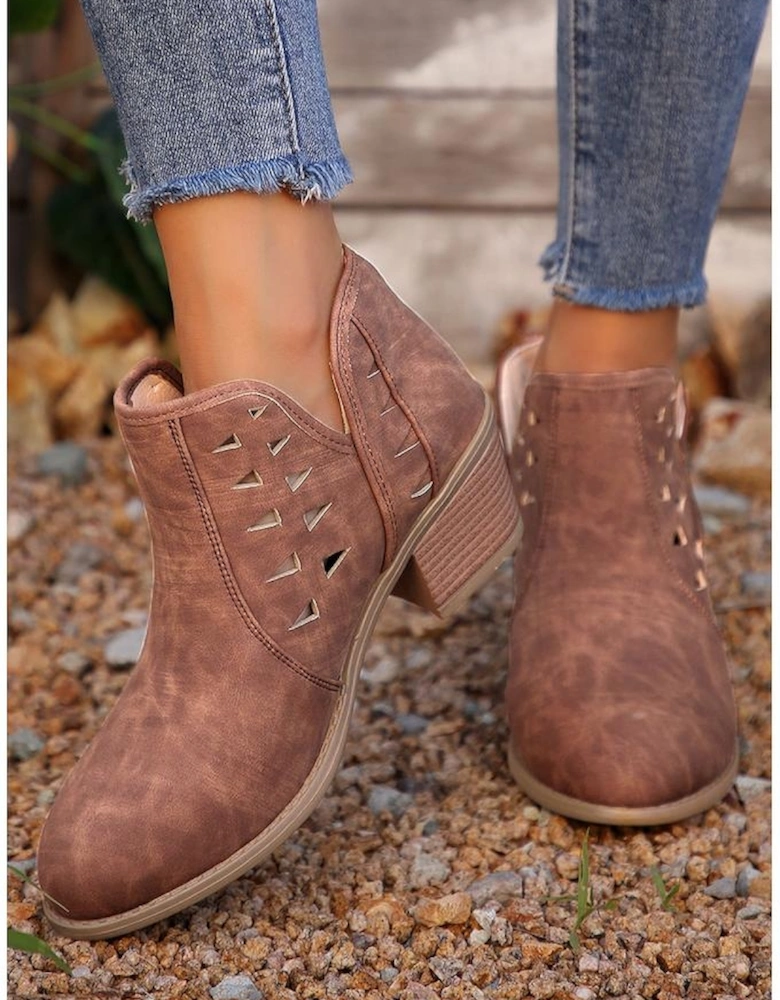 Red Sandalwood Cut Out Suede Pointed Toe Heeled Ankle Boots