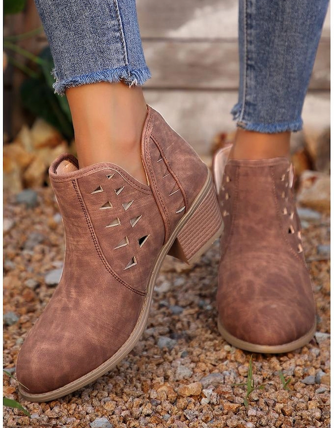 Red Sandalwood Cut Out Suede Pointed Toe Heeled Ankle Boots