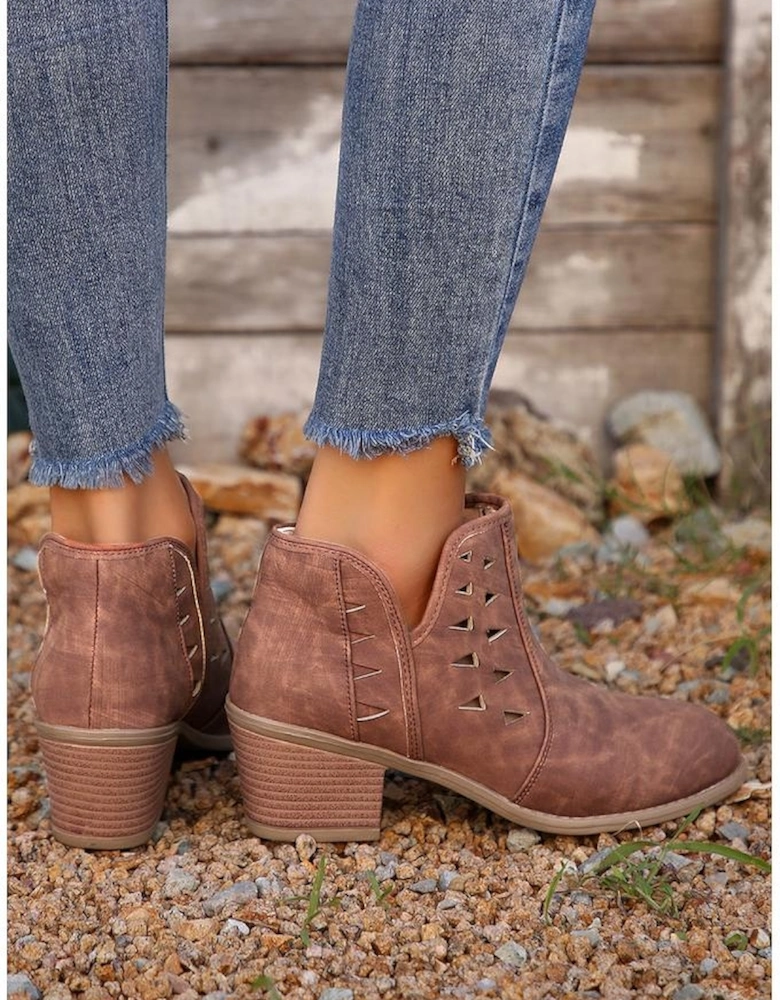 Red Sandalwood Cut Out Suede Pointed Toe Heeled Ankle Boots