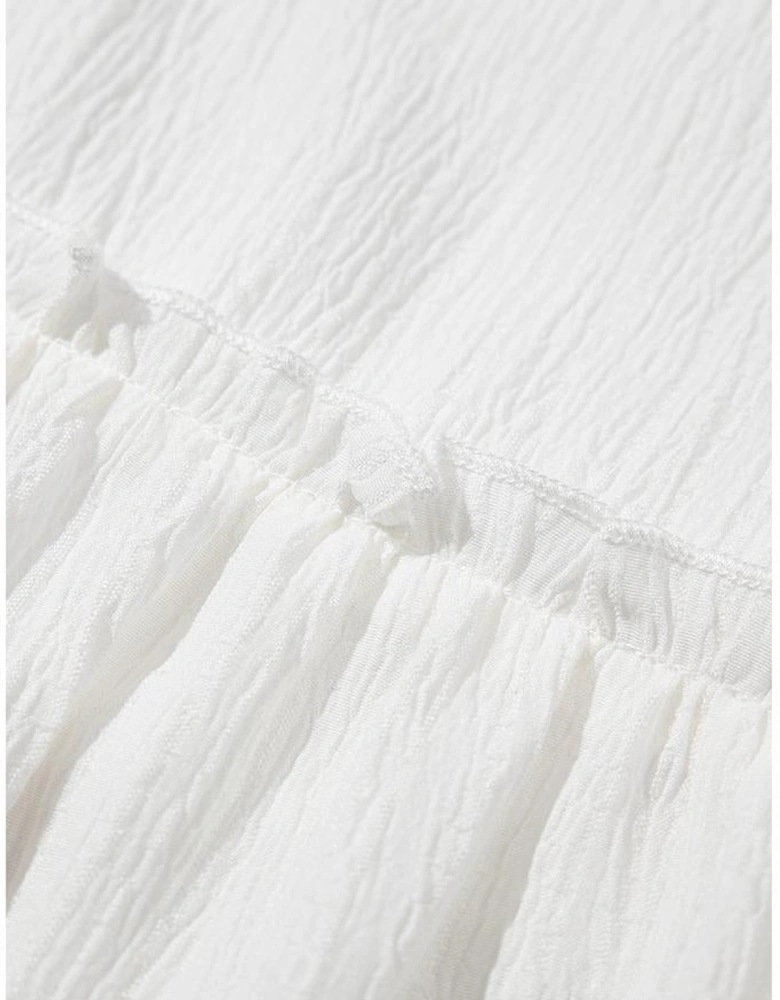 White Textured Ruffled Trim V Neck Flutter Flowy Top