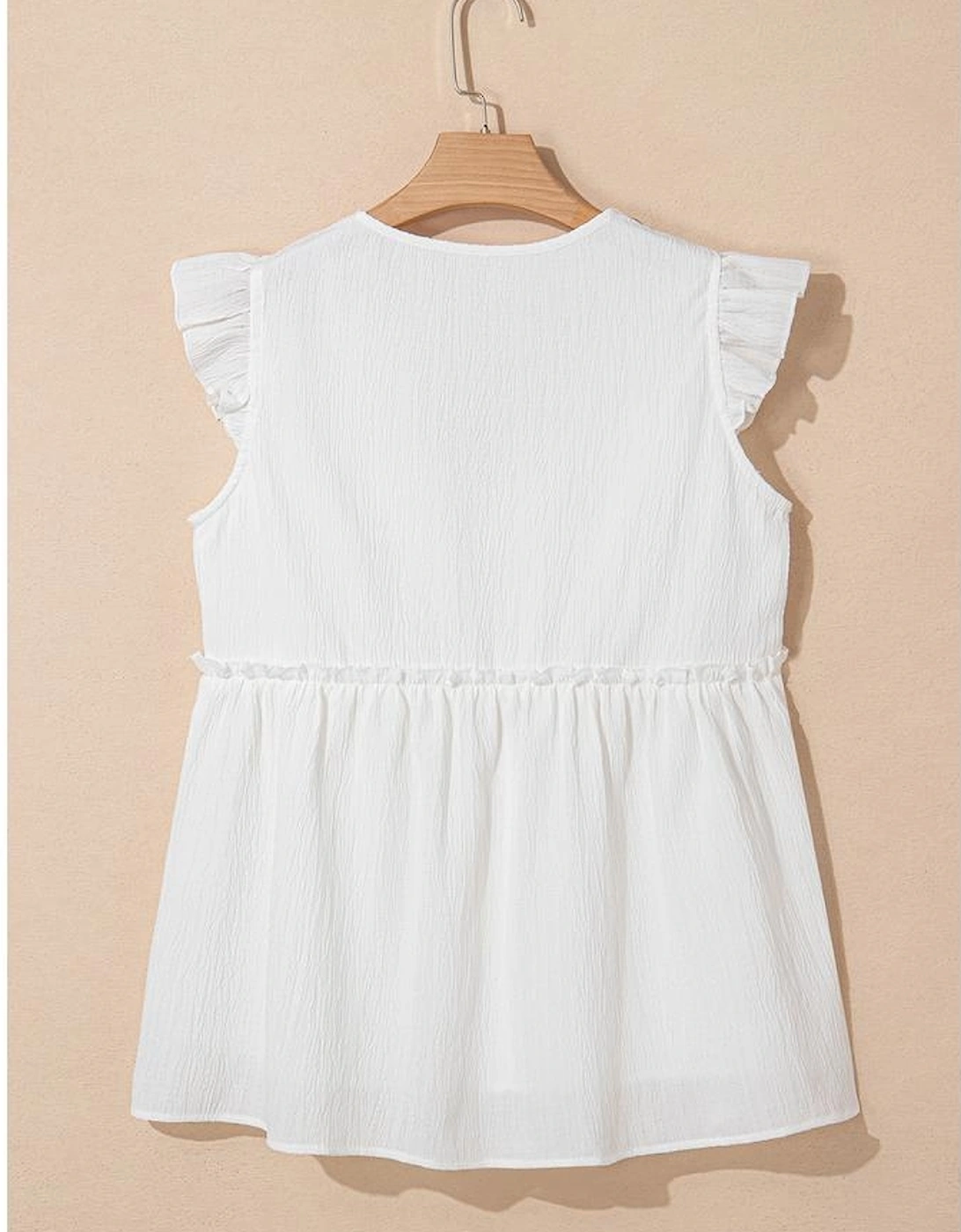 White Textured Ruffled Trim V Neck Flutter Flowy Top