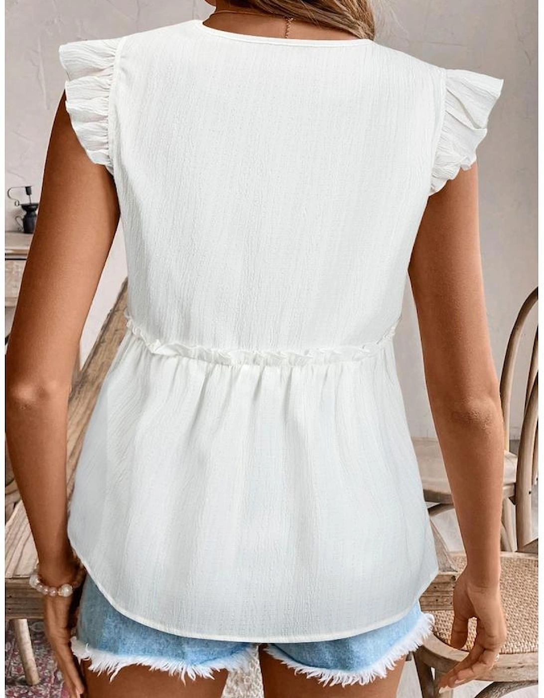 White Textured Ruffled Trim V Neck Flutter Flowy Top, 16 of 15