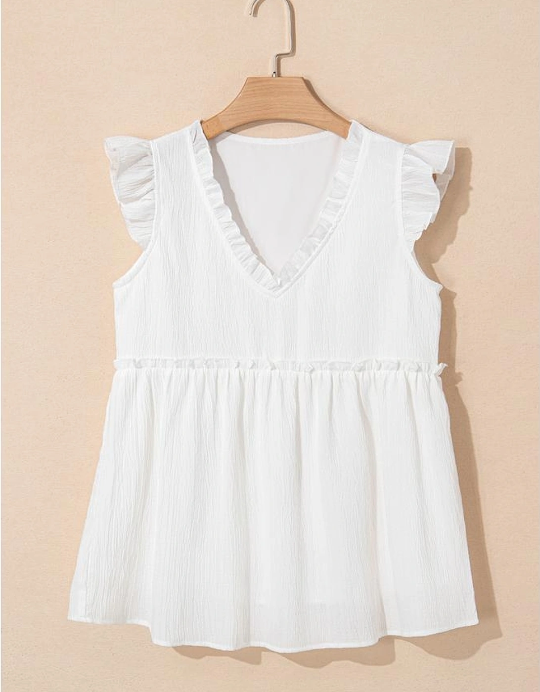 White Textured Ruffled Trim V Neck Flutter Flowy Top
