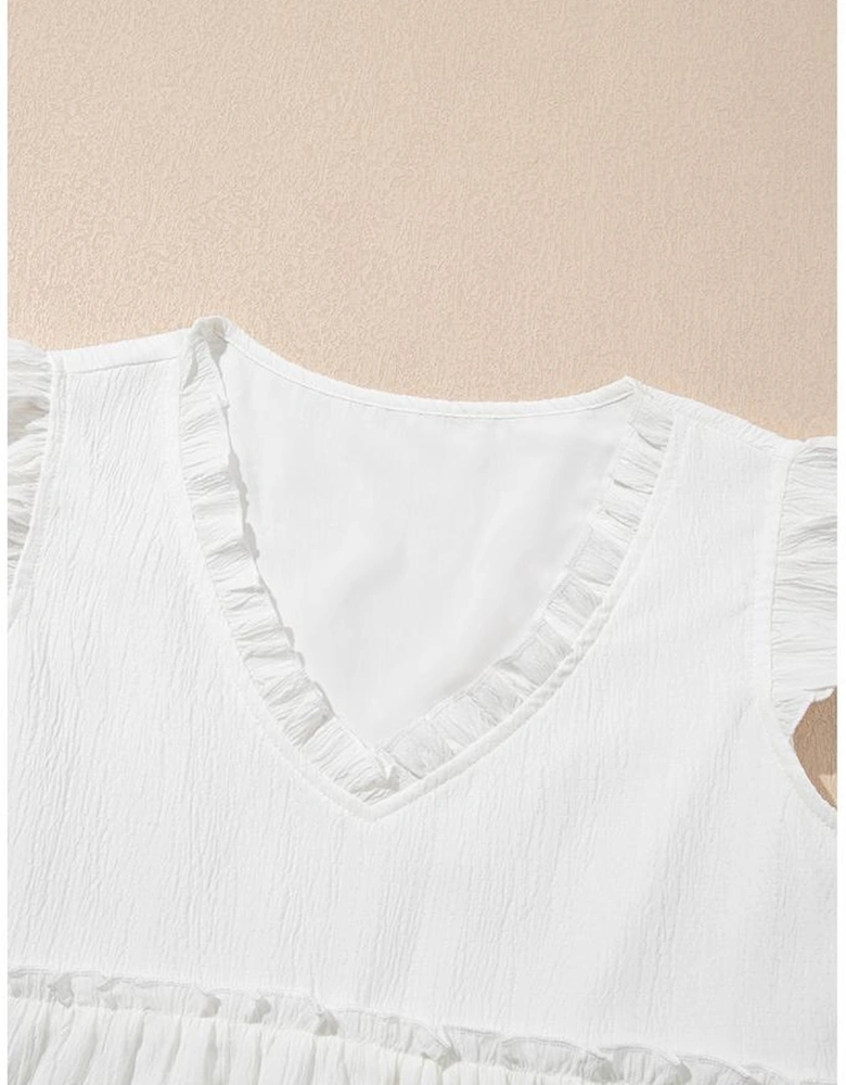White Textured Ruffled Trim V Neck Flutter Flowy Top