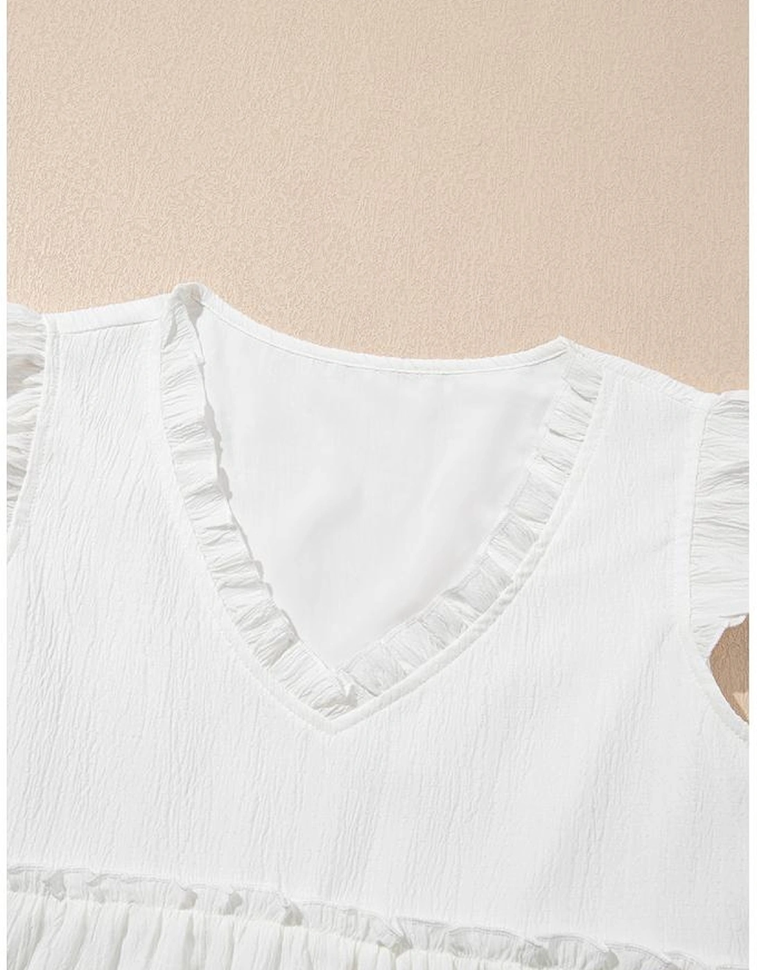 White Textured Ruffled Trim V Neck Flutter Flowy Top