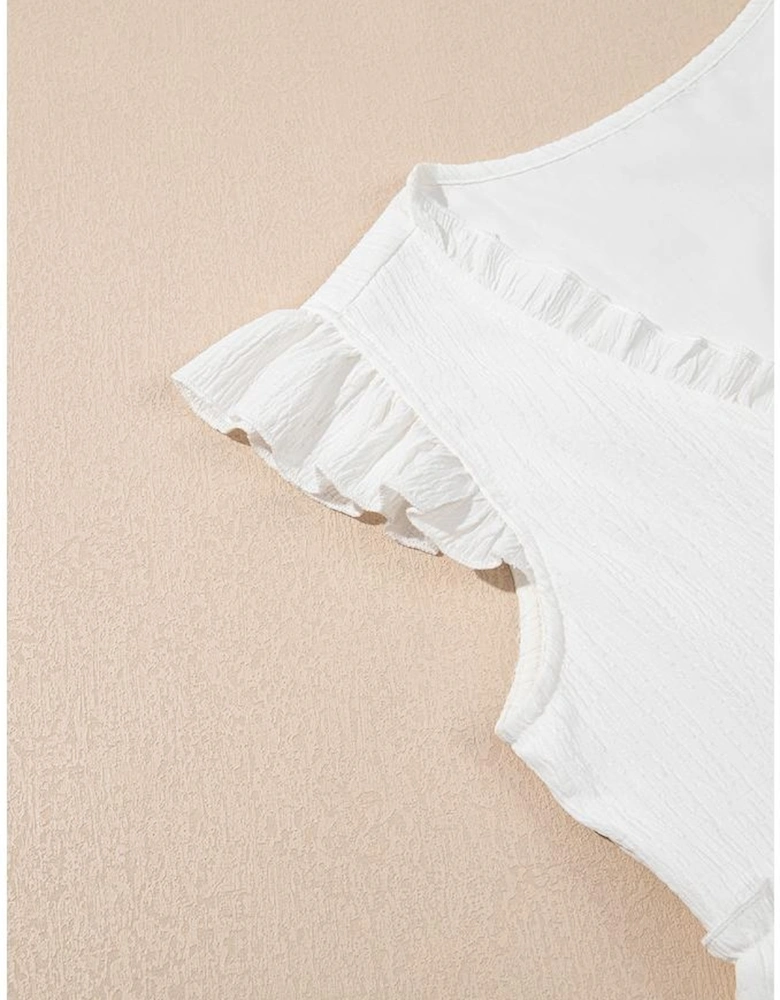 White Textured Ruffled Trim V Neck Flutter Flowy Top