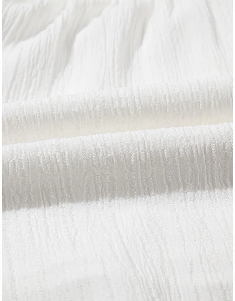 White Textured Ruffled Trim V Neck Flutter Flowy Top